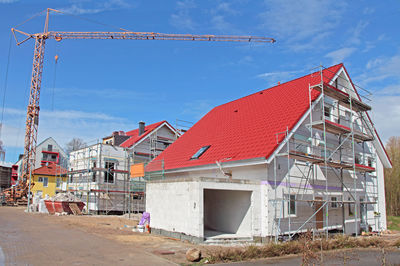Low angle view of building against blue sky