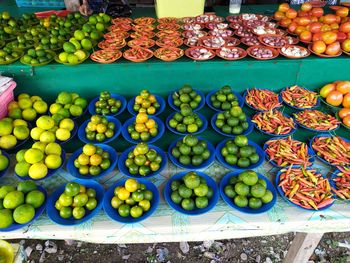 High angle view of fruits for sale at market stall