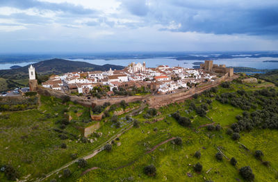 Monsaraz drone aerial view in alentejo at sunset, in portugal