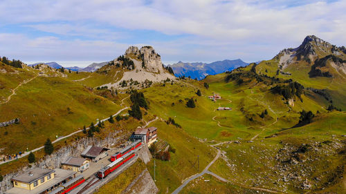 High angle view of mountains against sky