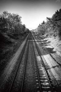 Railroad tracks amidst trees against clear sky