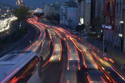 High angle view of light trails on city street