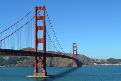 Golden gate bridge over river against blue sky