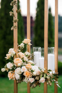 Close-up of flowering plants in glass vase