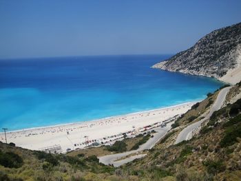 Scenic view of sea against clear blue sky