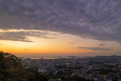 High angle view of townscape against sky during sunset