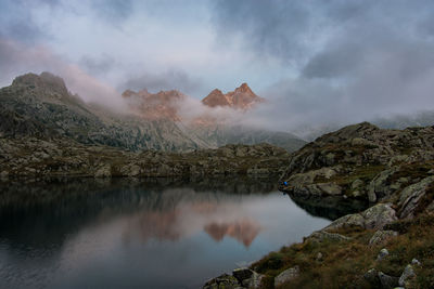 Scenic view of lake and mountains against sky