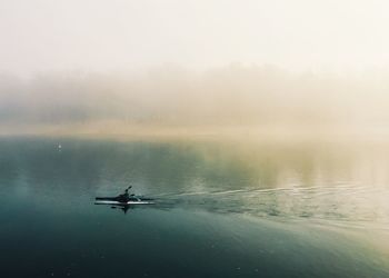 Distant view of boat moving on lake during foggy weather