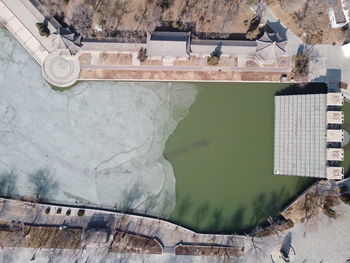 High angle view of old building by wall