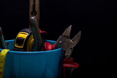 Close-up of toys against black background