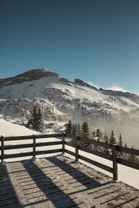 Scenic view of snowcapped mountains against clear blue sky