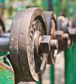 Close-up of old rusty dumbbells