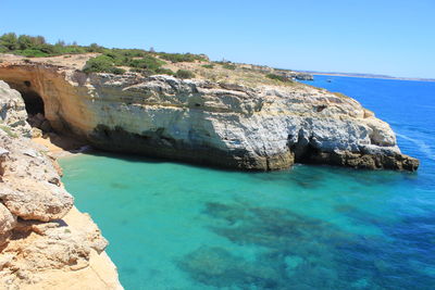 Rock formations in sea against clear blue sky