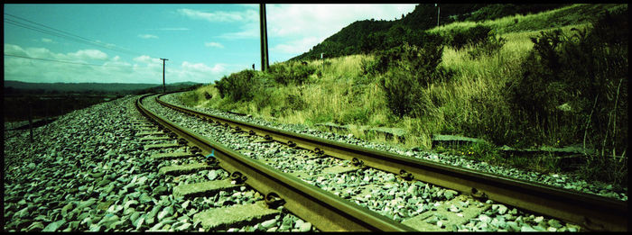 Railroad tracks amidst trees against sky