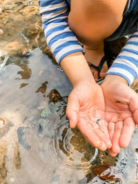 High angle view of hands on water