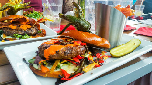 Close-up of food served in tray on table