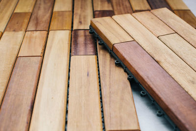 Close-up of wooden planks at carpentry workshop