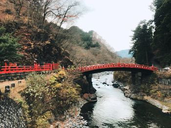 Arch bridge over river in forest against sky