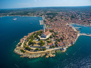 High angle view of bay against clear sky