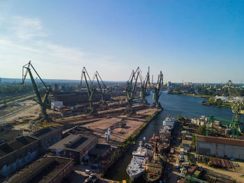 High angle view of commercial dock against sky