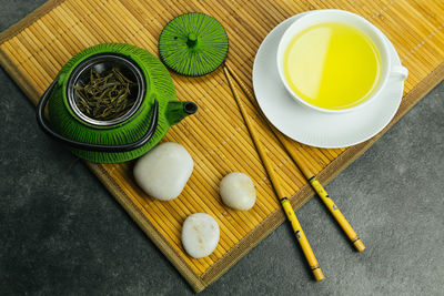 High angle view of tea on table