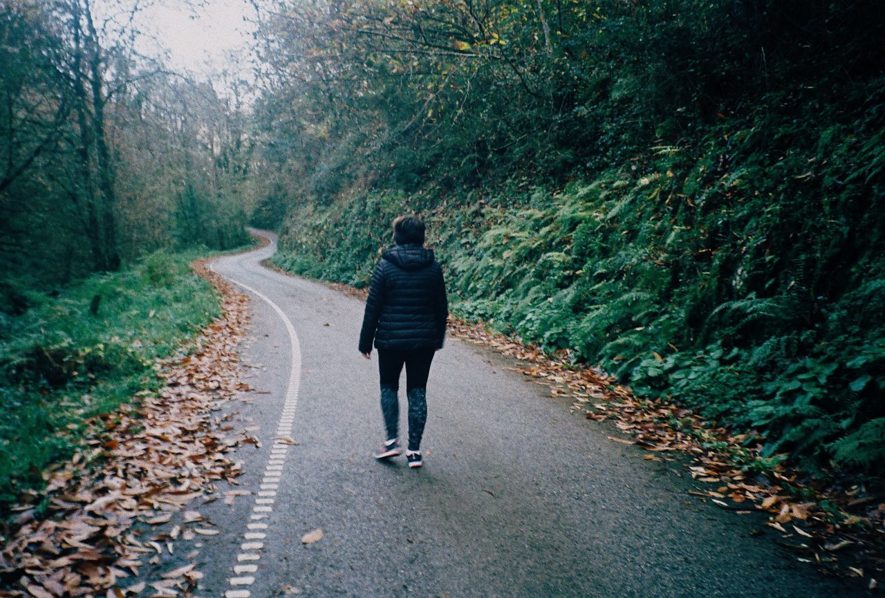 rear view, one person, tree, plant, full length, the way forward, nature, road, forest, lifestyles, walking, leisure activity, transportation, land, day, footpath, adult, green, beauty in nature, growth, autumn, casual clothing, morning, sunlight, outdoors, women, tranquility, leaf, woodland, non-urban scene, diminishing perspective, tranquil scene, clothing, solitude, men