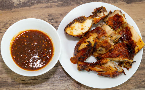 High angle view of food in plate on table