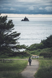 Rear view of man on woman by sea against sky