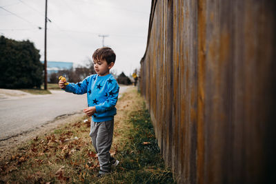 Young boy picking yellow flowers on a walk outside on a cloudy day