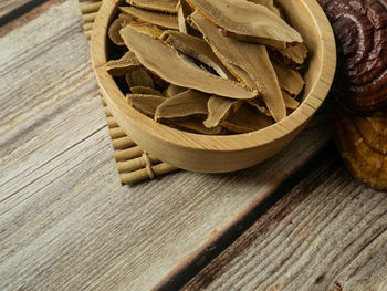 High angle view of wicker basket on table