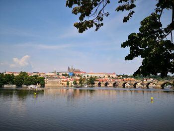 Scenic view of river by building against sky