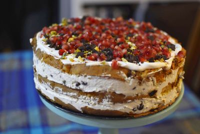 Close-up of dessert served on table