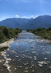 Scenic view of river by mountains against sky