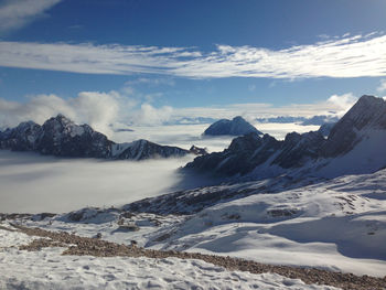 Scenic view of snowcapped mountains against sky