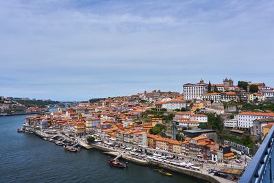 High angle view of river amidst buildings in city against sky