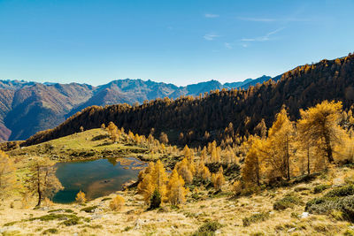 Scenic view of mountains against blue sky