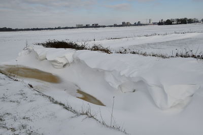 Scenic view of snow covered field against sky