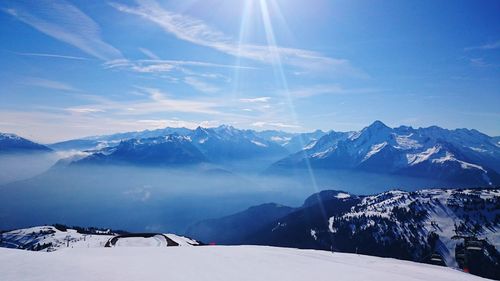 Scenic view of snowcapped mountains against sky