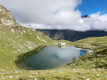 Scenic view of lake and mountains against sky