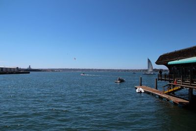 Calm sea against clear blue sky