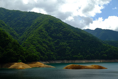 Scenic view of lake and mountains against sky