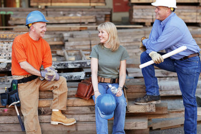 Group of construction workers taking a break