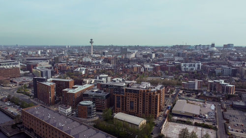 Liverpool city center , albert docks. drone aerial photo may 2022