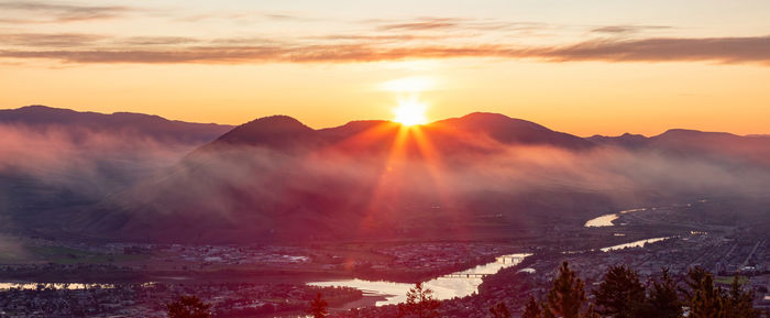 Scenic view of mountains against sky during sunset