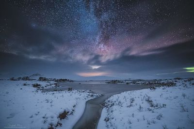 Idyllic shot of lake against galaxy during winter