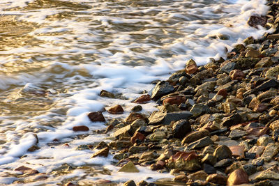 Stones on beach at sunset