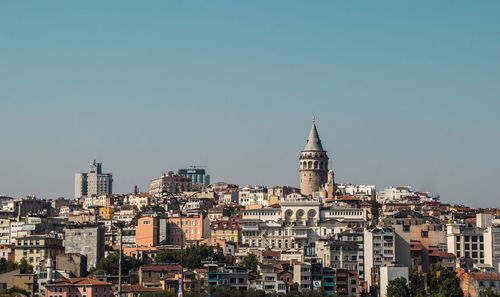 View of buildings in town against clear sky