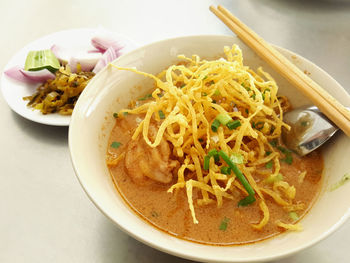 High angle view of soup in bowl