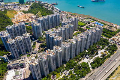 High angle view of modern buildings in city