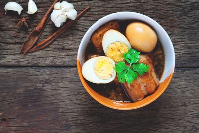 High angle view of food in bowl on table